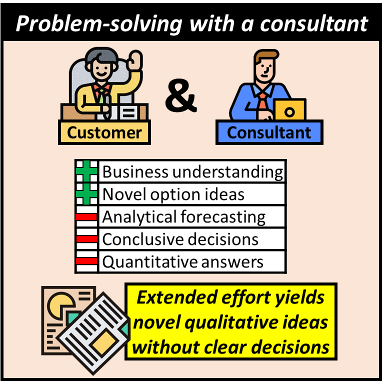 Customer problem-solving with a consultant has business understanding and novel option ideas but lack analytical forecasting, conclusive decisions and quantitative answers. Extended effort yields novel qualitative ideas without clear decisions.