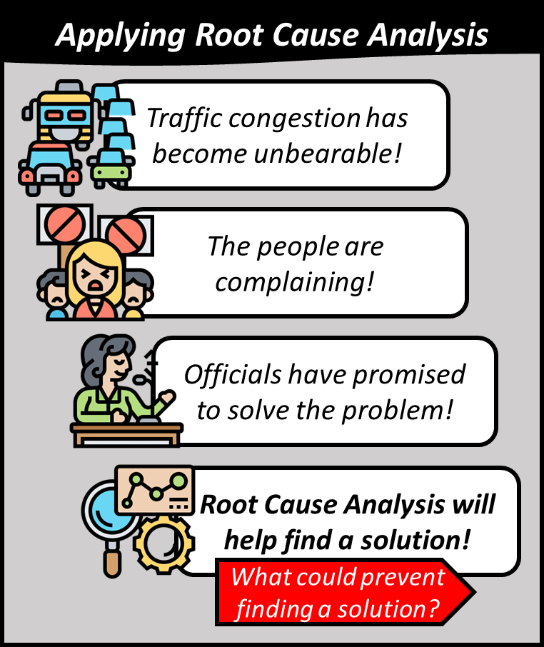 Traffic congestion has become unbearable. People are complaining and officials have promised to solve the problem using root cause analysis. What could prevent finding a solution?